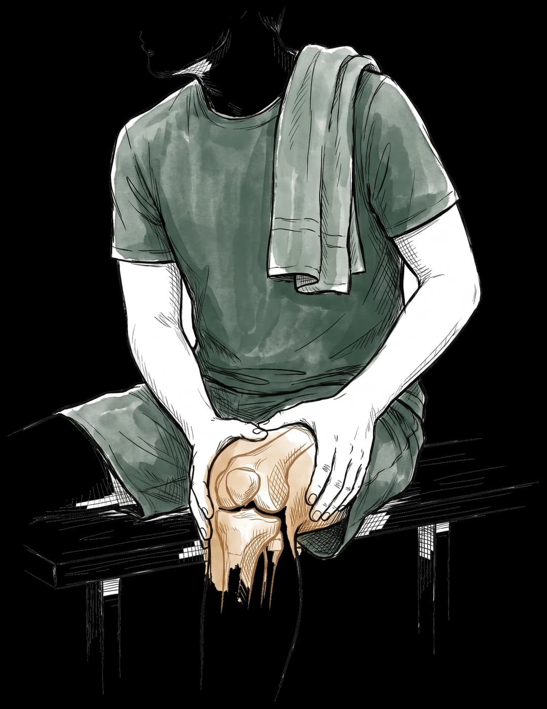Hand-drawn sketch of a person in gym clothes sitting on a bench holding a sore knee after a workout, with the knee joint showing through