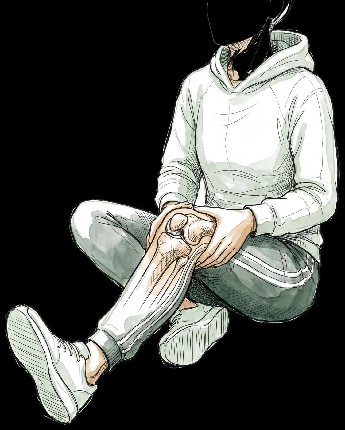 Hand-drawn sketch of a person sitting on the ground holding their injured knee, with the knee joint showing through