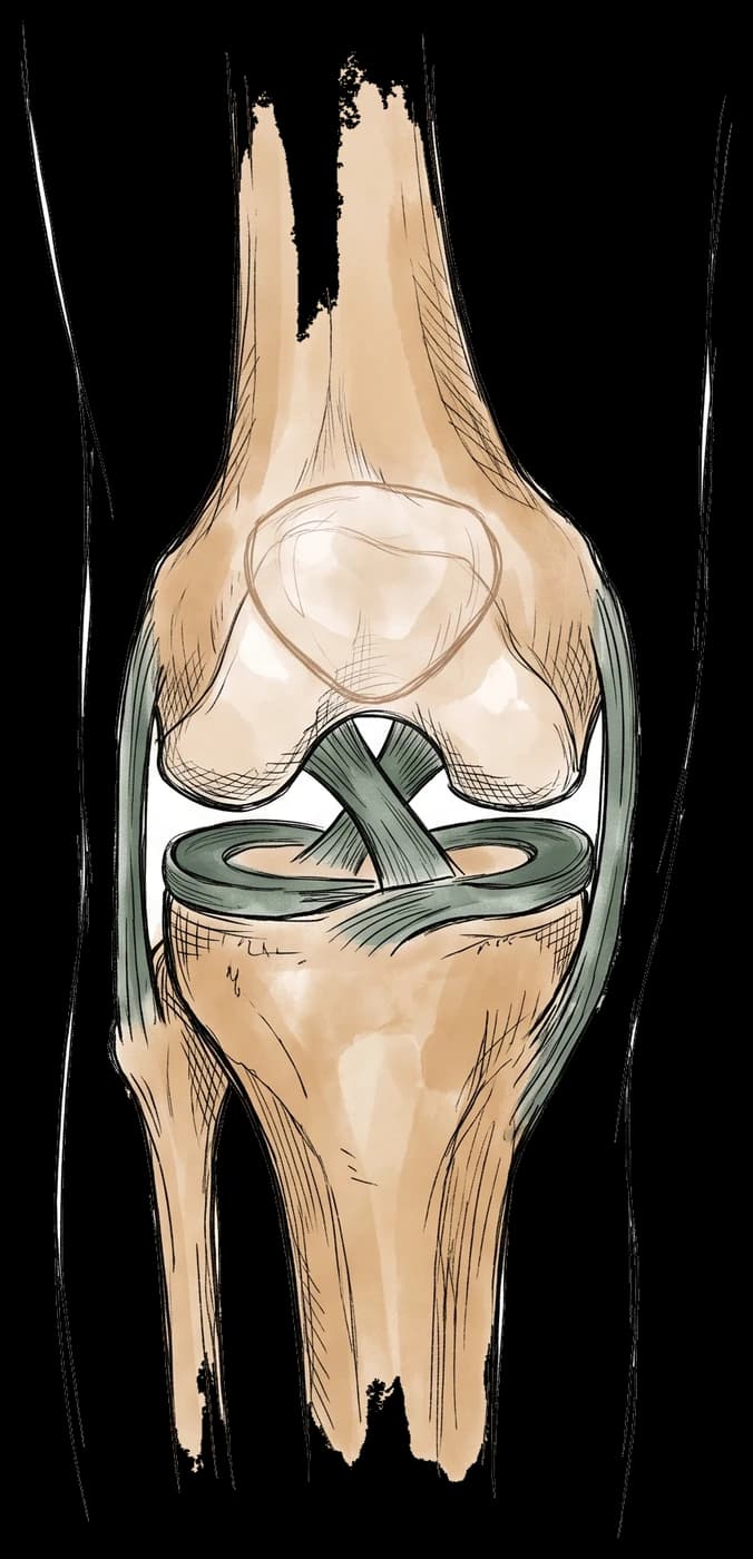 Hand-drawn sketch of the front of the knee with the kneecap in place, showing the ACL, PCL, MCL, LCL and menisci