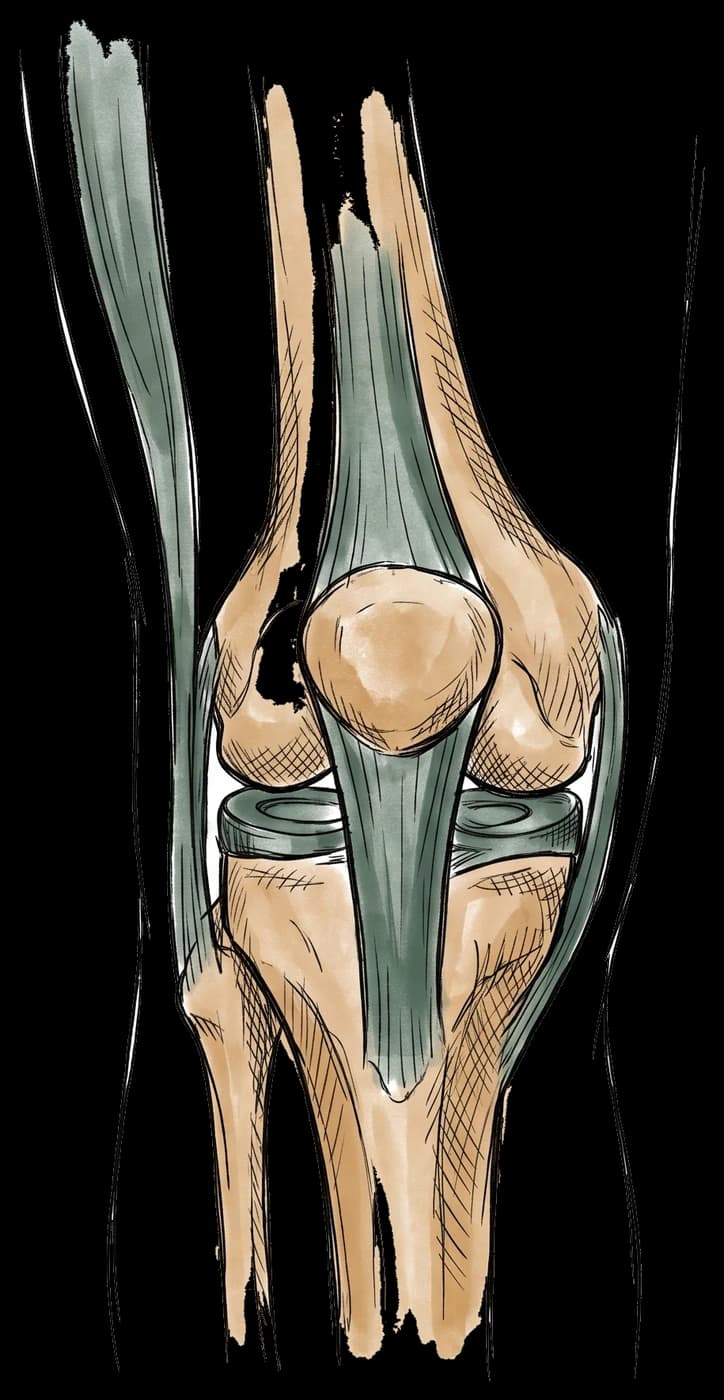 Hand-drawn sketch of the front of the knee showing the kneecap, patellar tendon, iliotibial band and meniscus