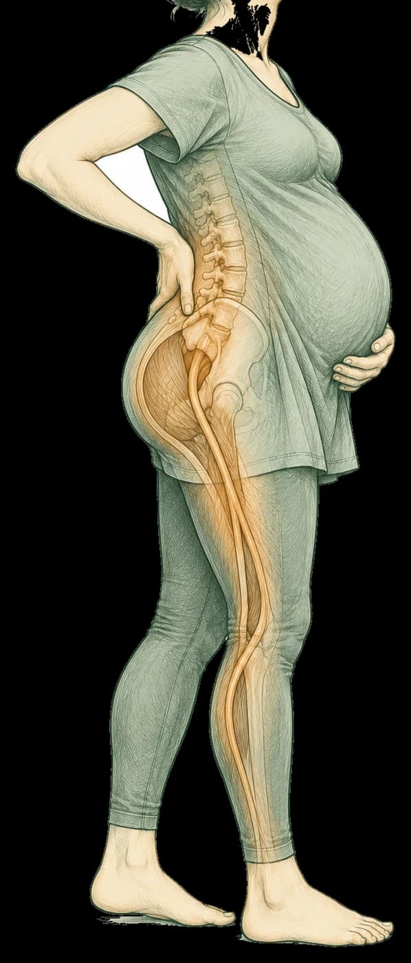Hand-drawn sketch of a pregnant woman in side view, one hand pressed to her lower back, with the sciatic nerve traced from her lower spine down the back of one leg