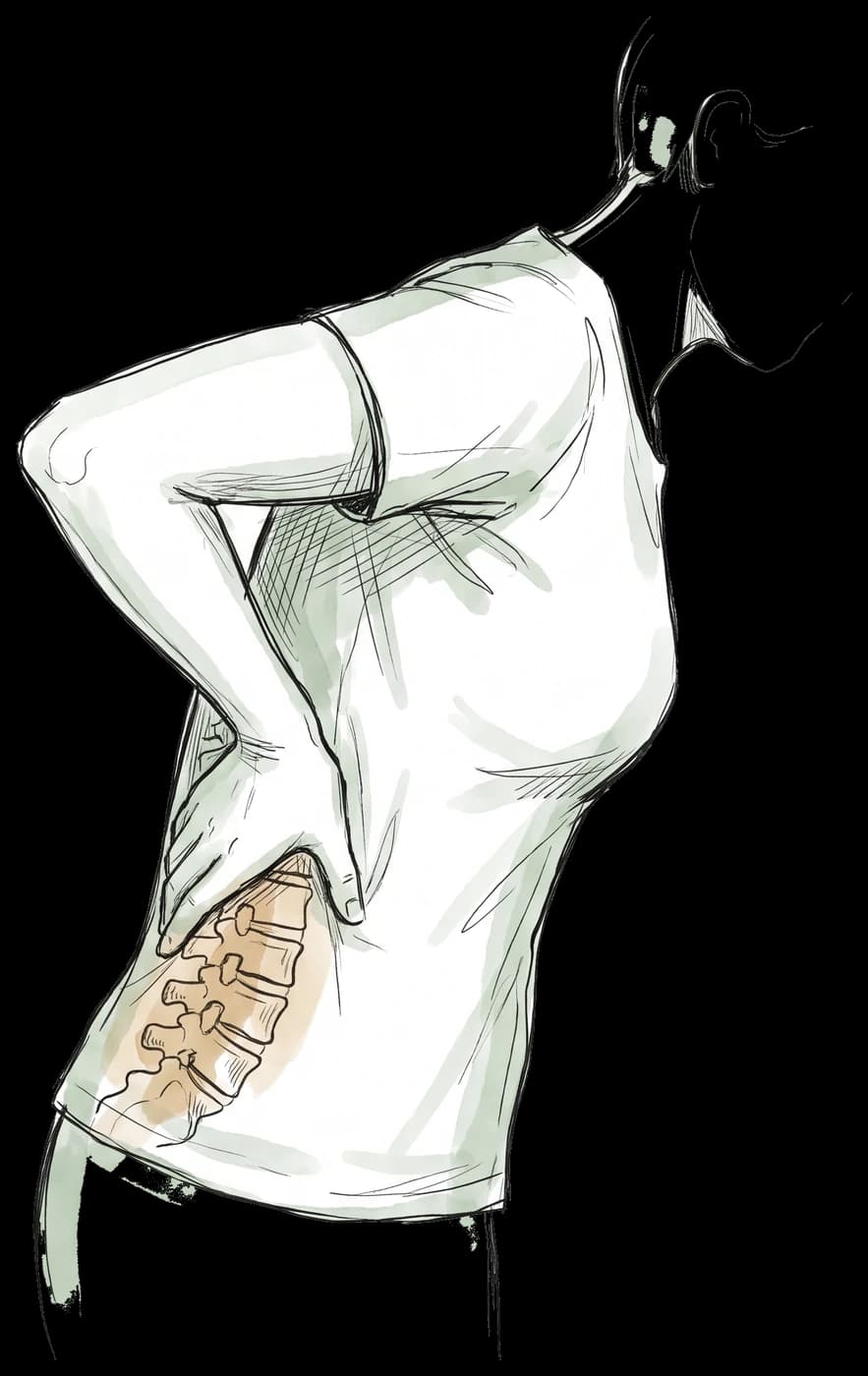 Hand-drawn sketch of a person straightening up with one hand pressed to their lower back, with the lumbar spine showing through