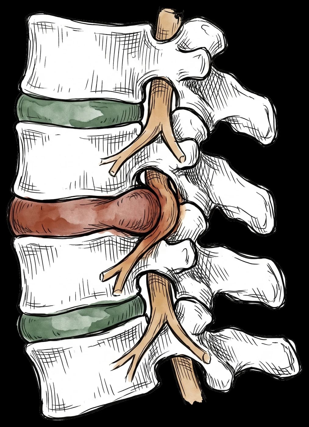Hand-drawn sketch of cervical vertebrae in side view, one disc bulging backwards onto the nerve root beside it