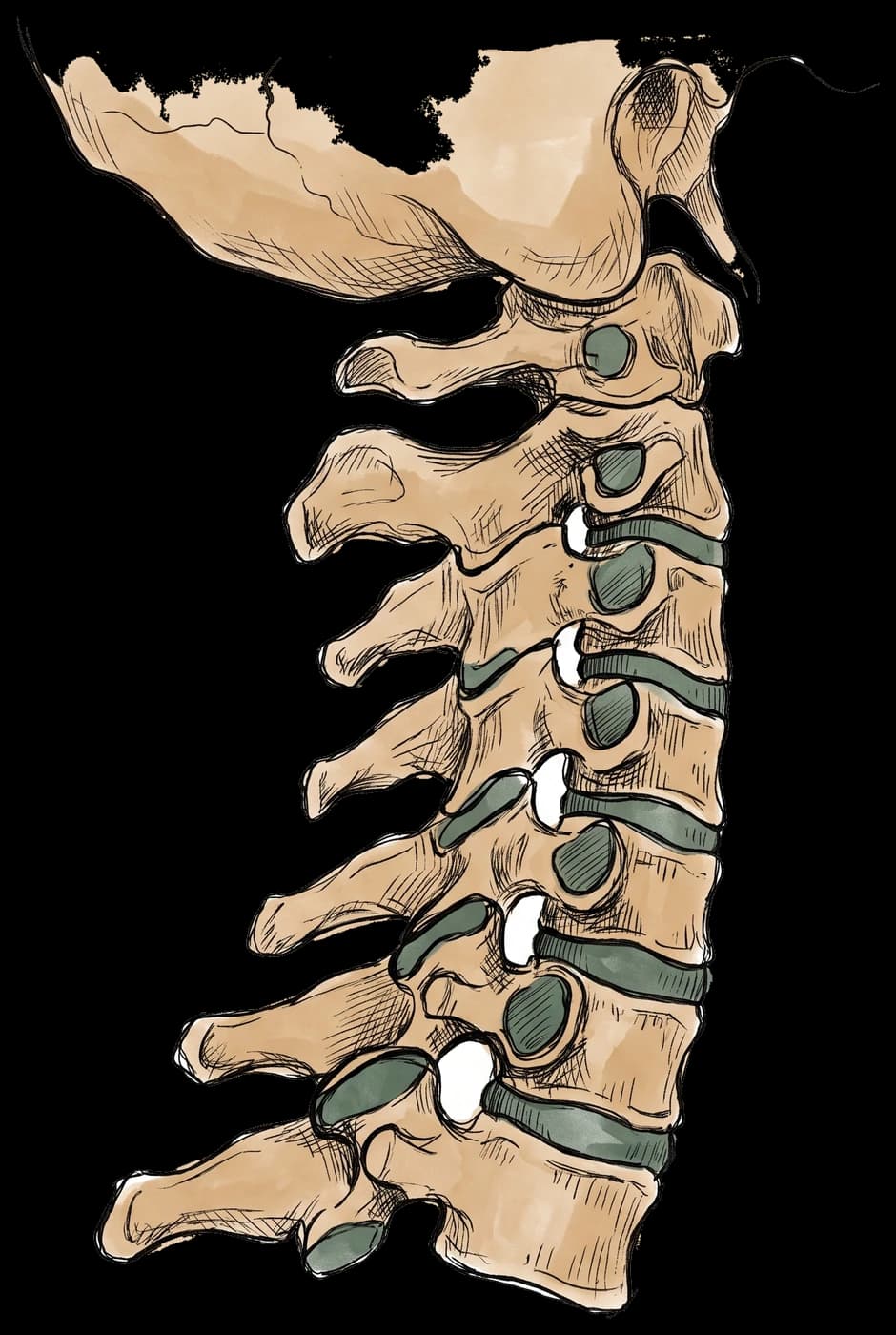 Hand-drawn sketch of the cervical spine in side view, showing the base of the skull above and the paired facet joints at the back of each segment