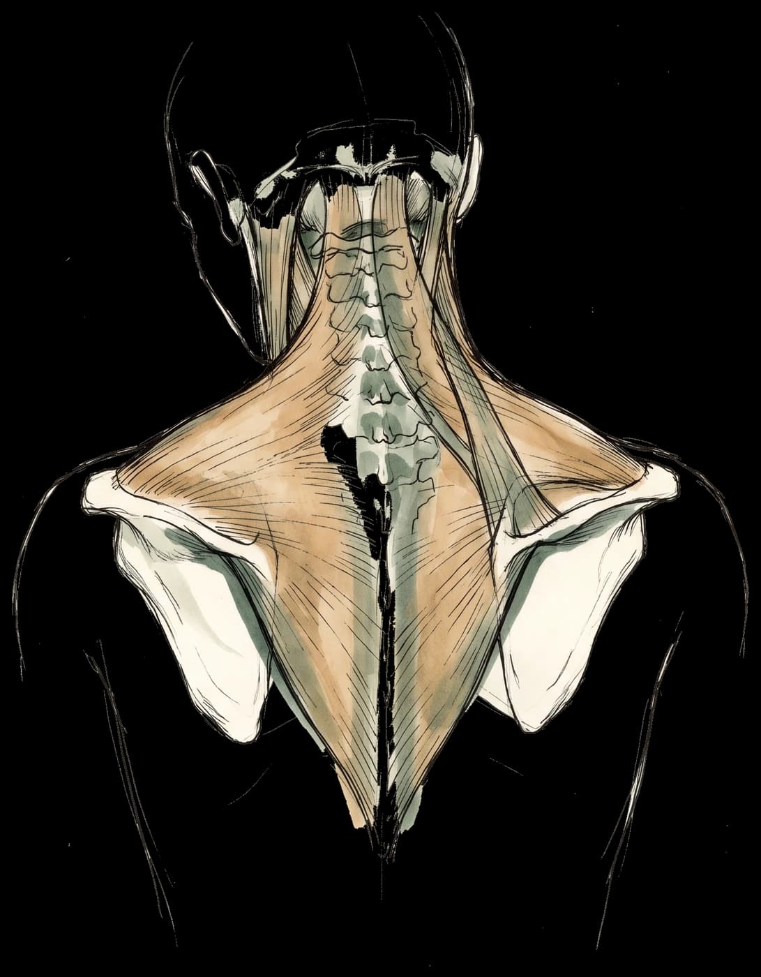 Hand-drawn sketch of the neck and upper back muscles seen from behind, showing the upper trapezius spreading to both shoulders and the levator scapulae running down to the shoulder blade