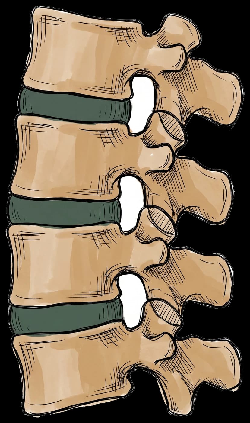 Hand-drawn sketch of four lumbar vertebrae in side view, showing the discs and facet joints