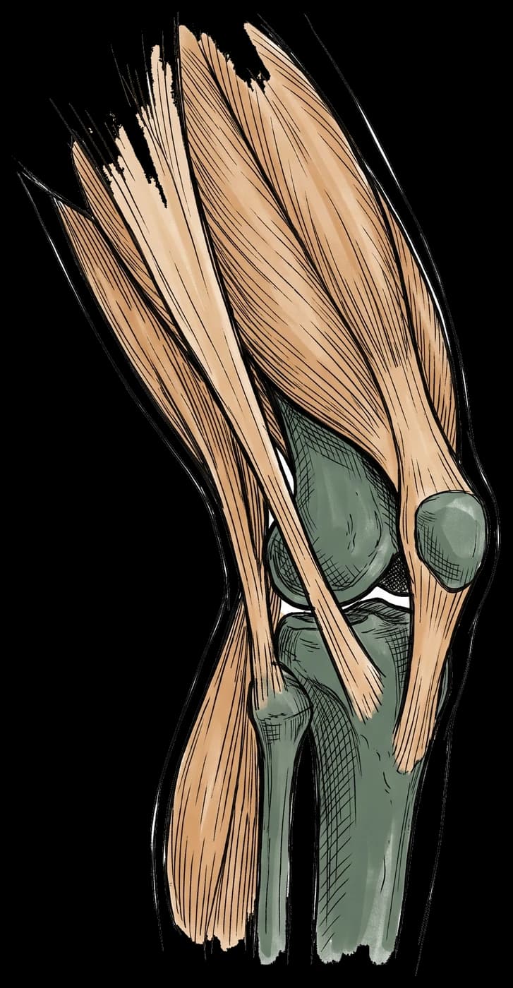 Hand-drawn sketch of the muscles and tendons around the knee seen from the outer side, showing the quadriceps down the front of the thigh, the hamstrings behind and the iliotibial band down the outer thigh