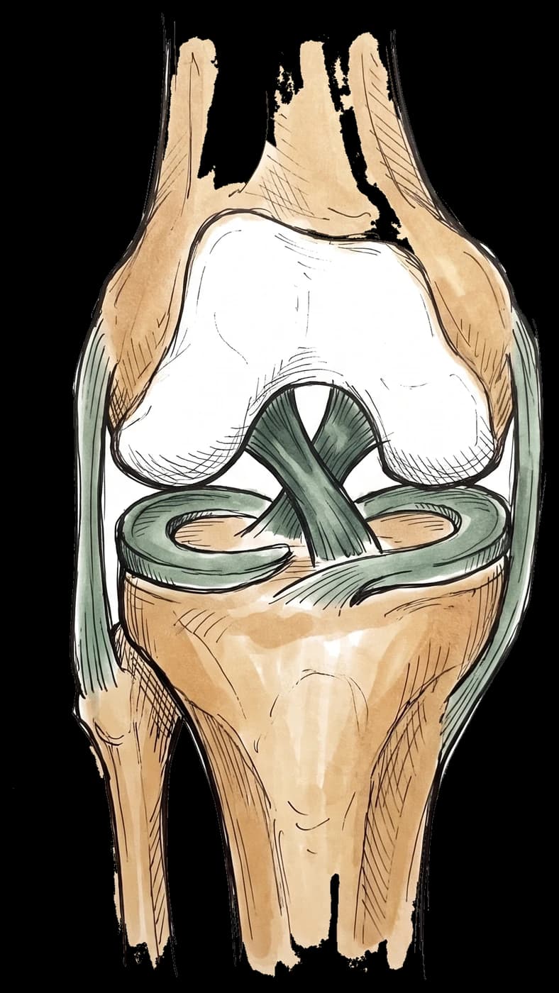 Hand-drawn sketch of the ligaments of the knee seen from the front, showing the crossed cruciate ligaments, a collateral ligament each side and the two meniscus pads