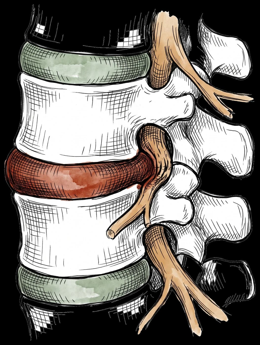 Hand-drawn sketch of a herniated lumbar disc pressing on a spinal nerve root
