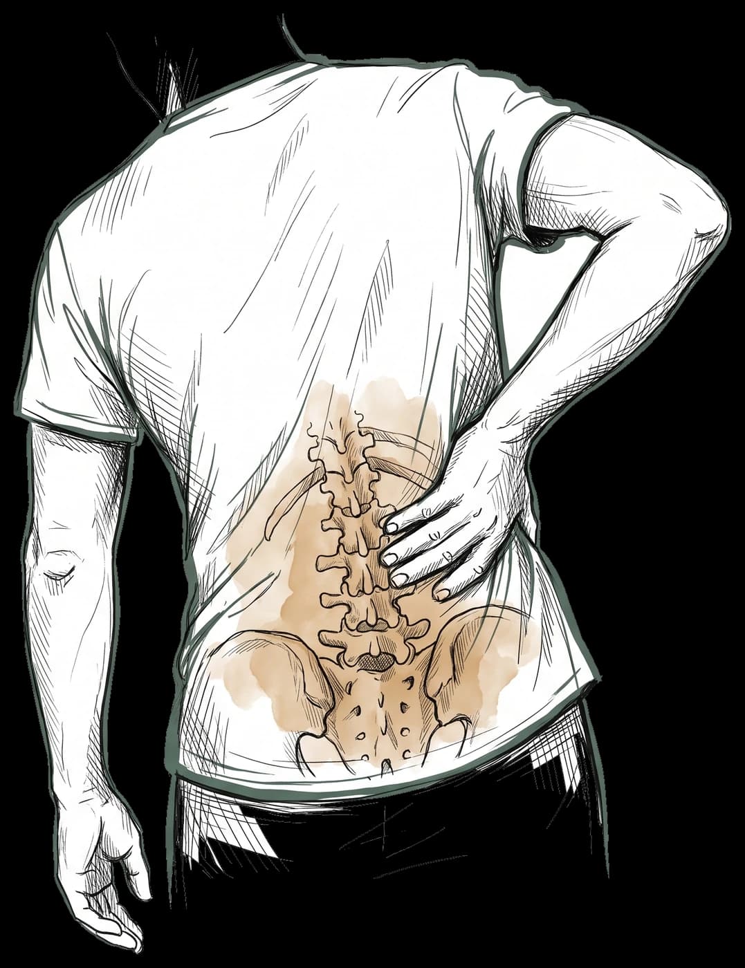 Hand-drawn sketch of a person reaching one hand around to press their aching lower back, with the lumbar spine showing through