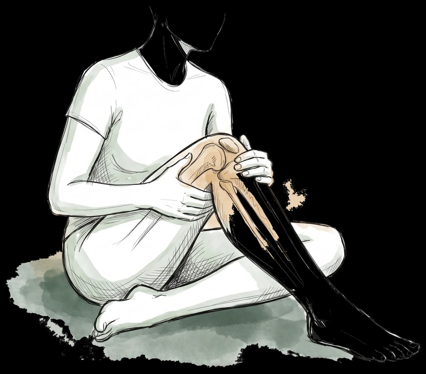 Hand-drawn sketch of a person seated on the floor cupping both hands around a sore knee, with the knee joint showing through the leg