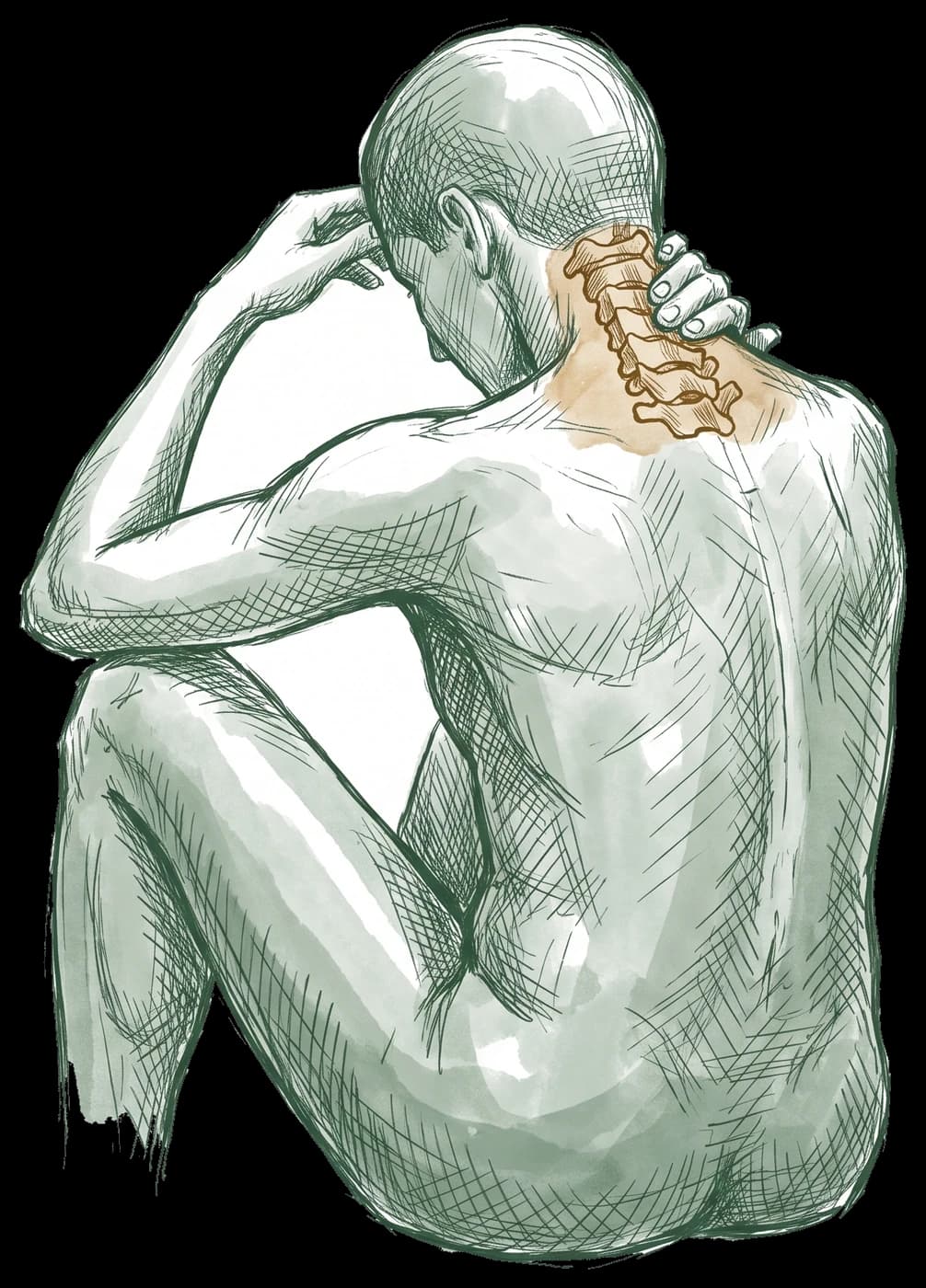 Hand-drawn sketch of a seated person reaching a hand up to the back of their own aching neck, with the cervical vertebrae showing through