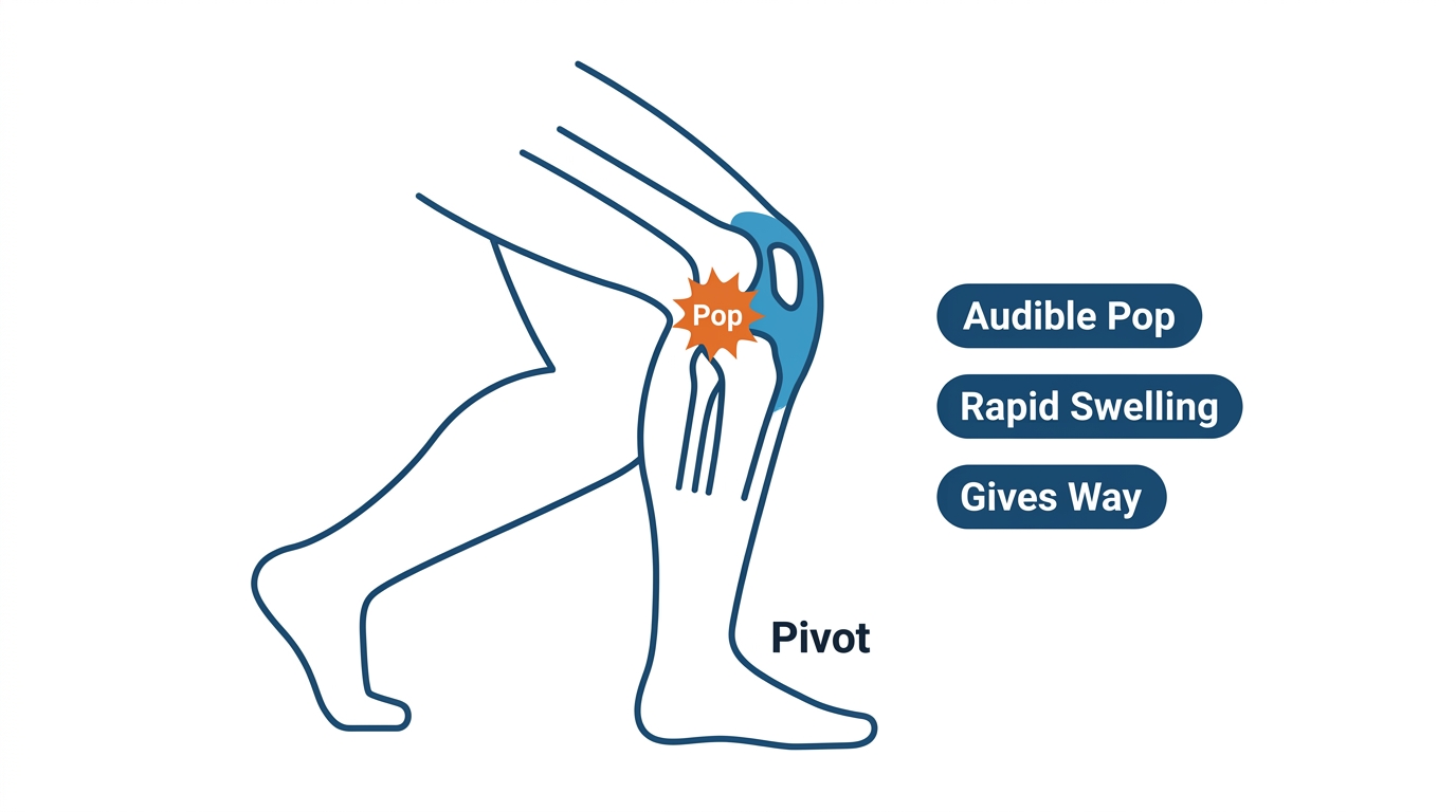 ACL injury triad diagram: Audible Pop, Rapid Swelling, Gives Way