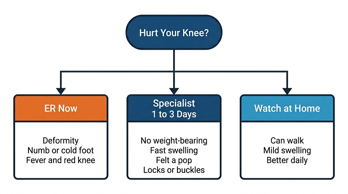 Knee injury decision chart: ER Now vs Specialist 1-3 Days vs Watch at Home