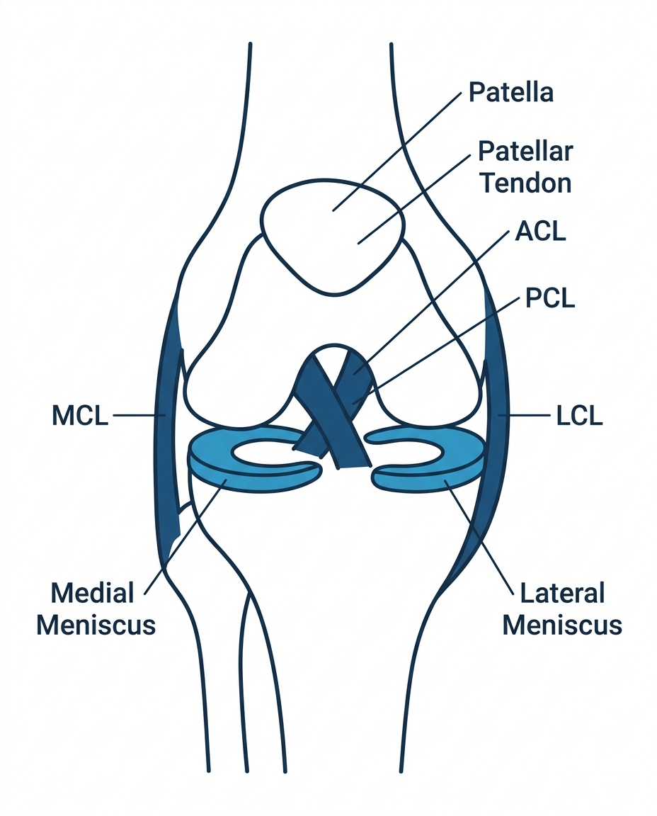 Knee anatomy diagram showing Patella, ACL, PCL, MCL, LCL, and Menisci