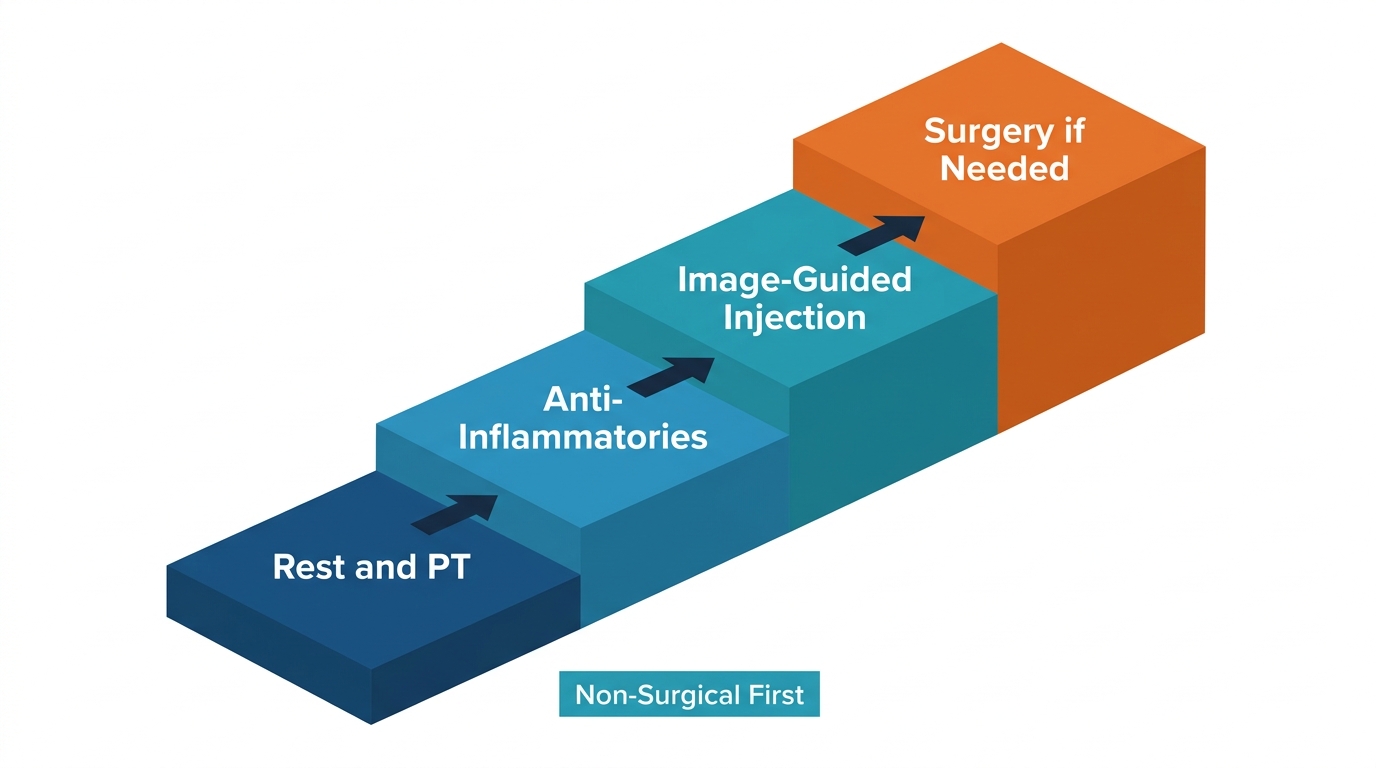 Treatment pathway staircase: Rest and PT → Anti-Inflammatories → Image-Guided Injection → Surgery