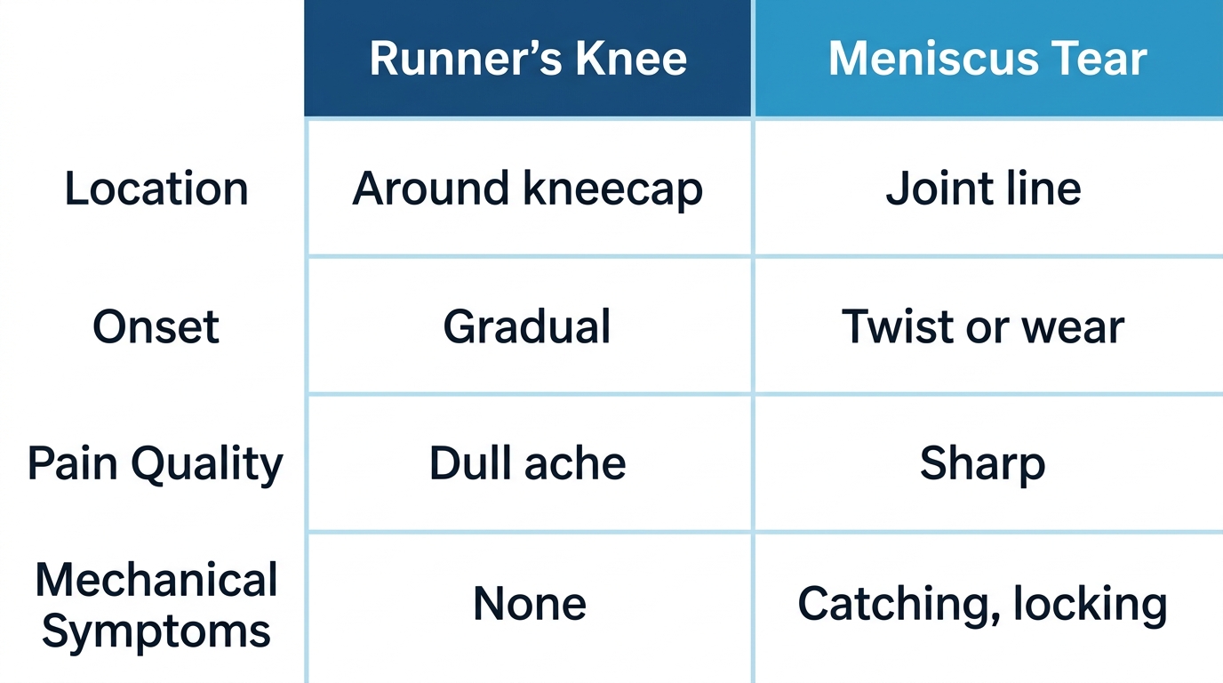 Two-column comparison table contrasting runner's knee and meniscus tear by location, onset, pain quality, and mechanical symptoms