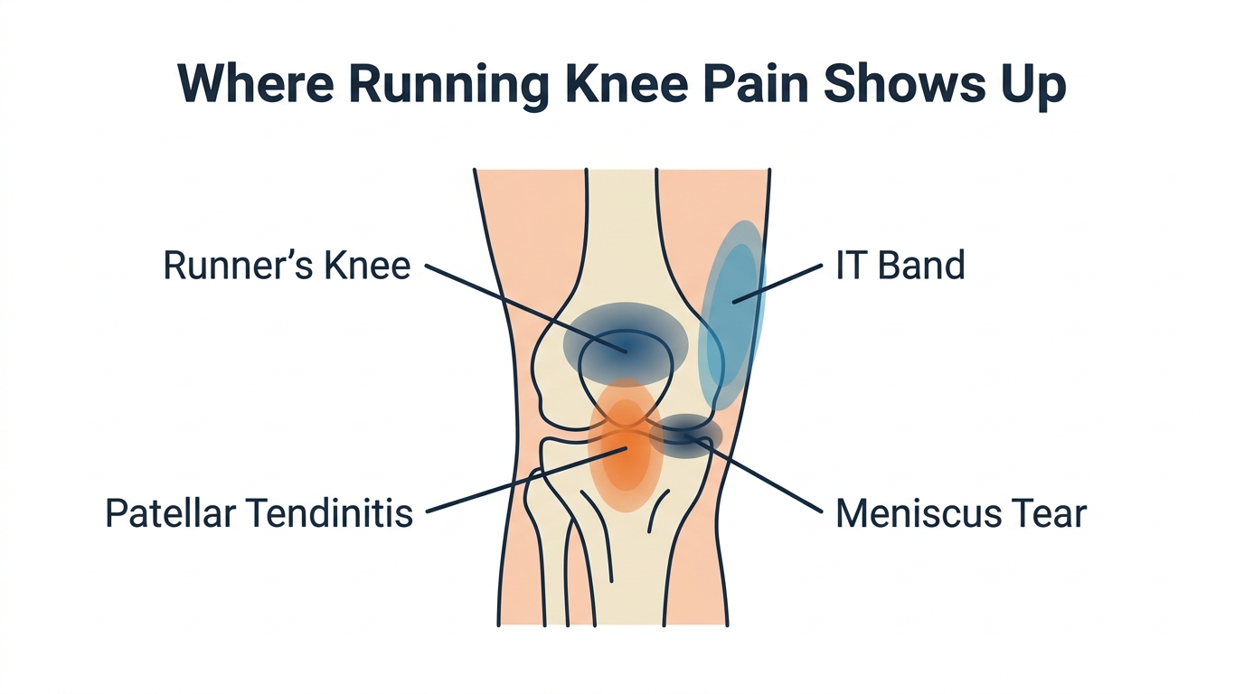 Knee diagram with four labeled zones showing where runner's knee, IT band syndrome, patellar tendinitis, and meniscus tear pain is felt