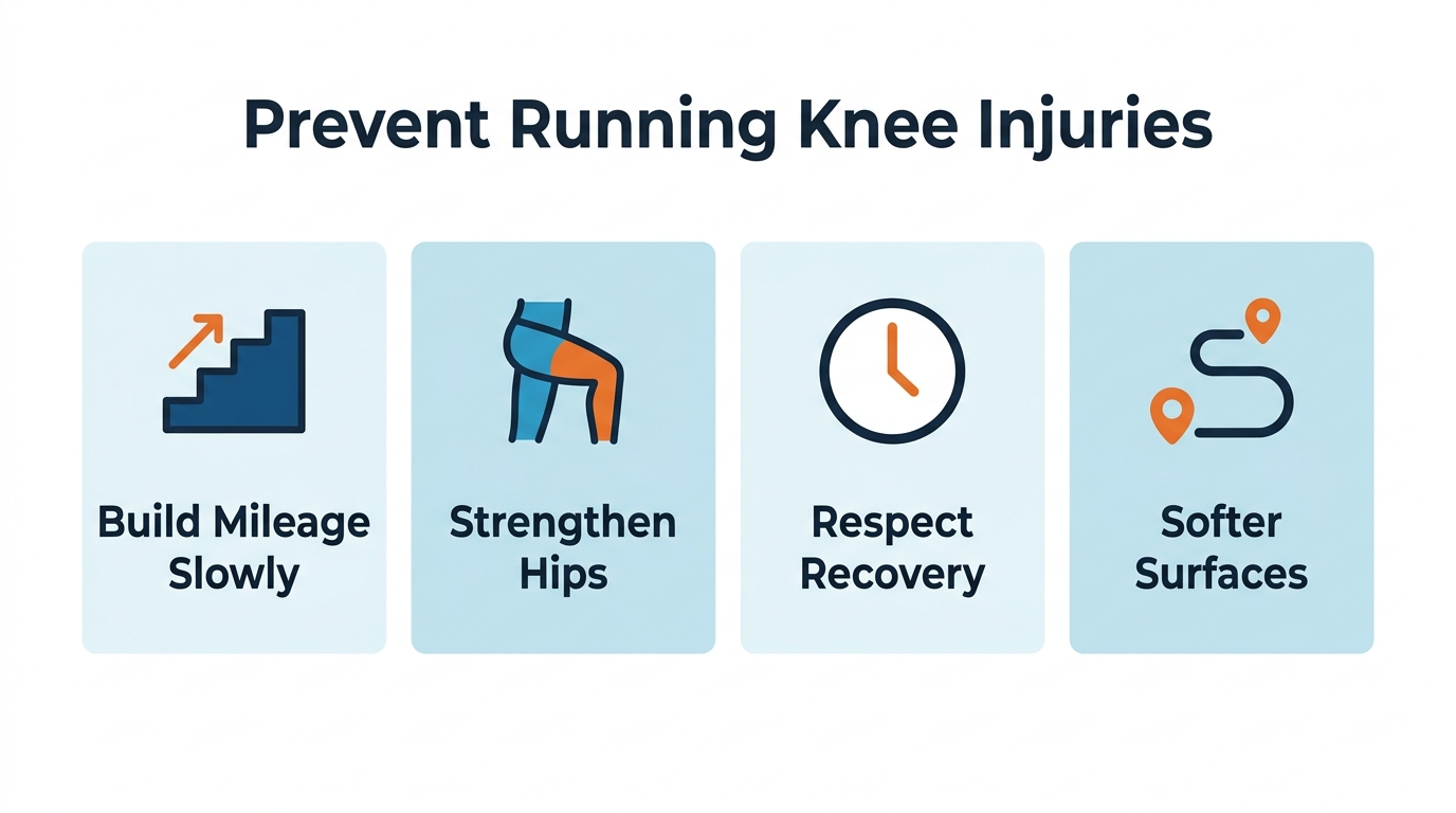 Four-card prevention checklist showing gradual mileage, hip strength, recovery, and softer surfaces for runners