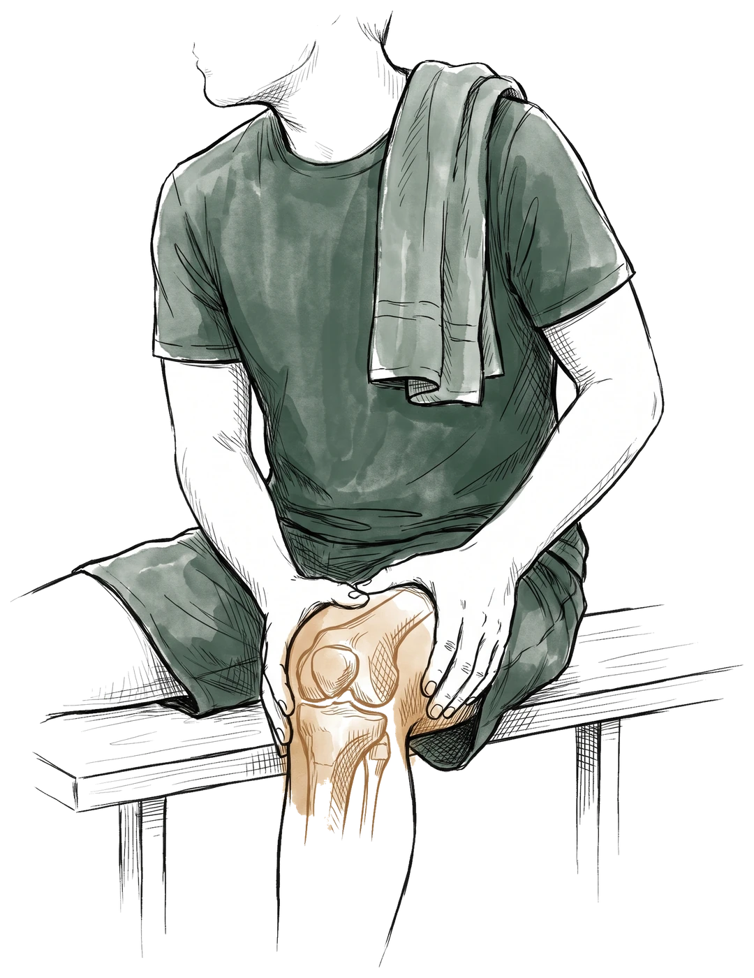 Hand-drawn sketch of a person in gym clothes sitting on a bench holding a sore knee after a workout, with the knee joint showing through