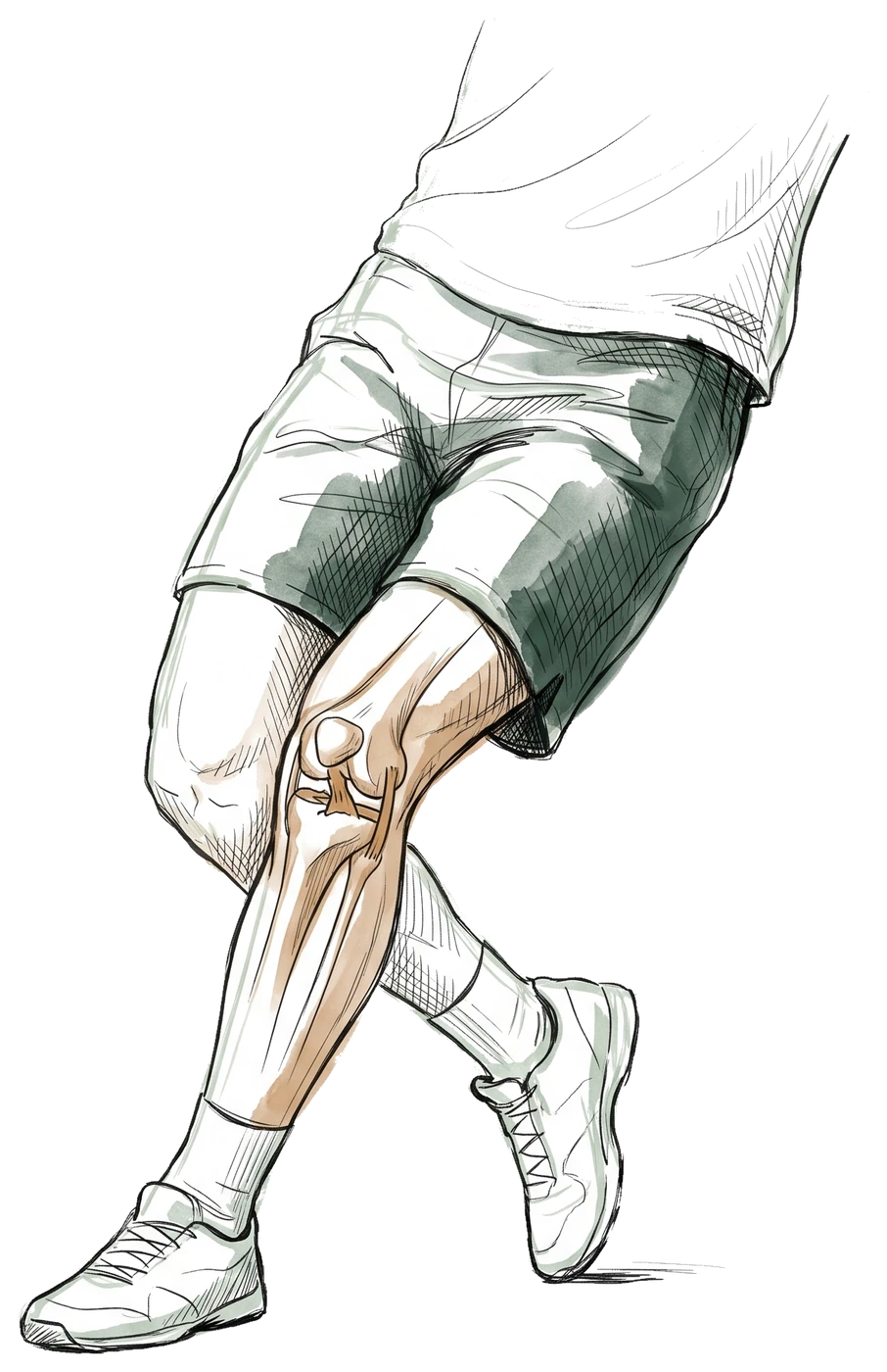Hand-drawn sketch of a person twisting on a planted foot, with the knee joint highlighted
