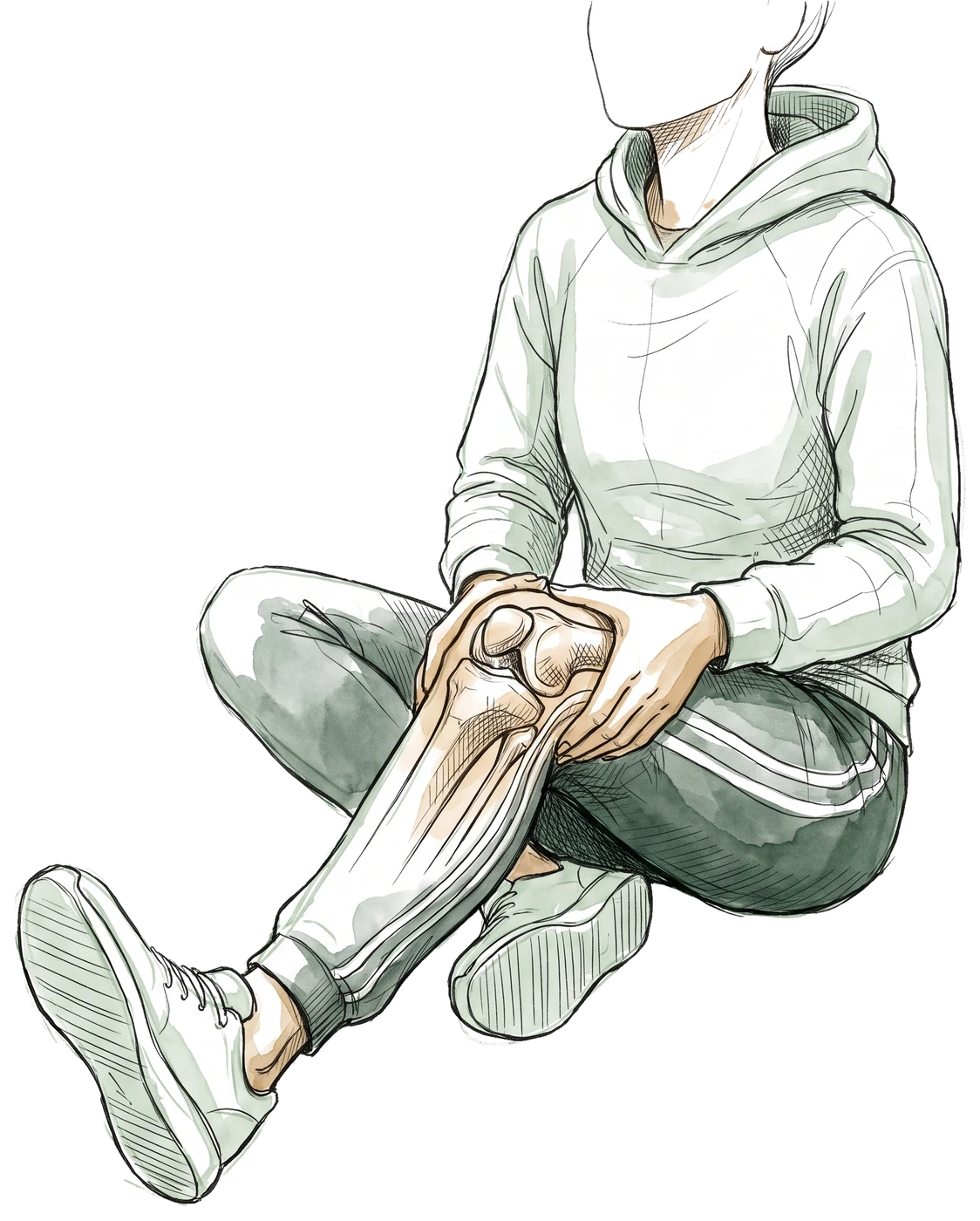 Hand-drawn sketch of a person sitting on the ground holding their injured knee, with the knee joint showing through
