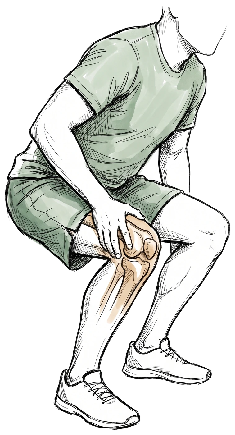 Hand-drawn sketch of a person in a squat holding the front of their knee, with the knee joint showing through