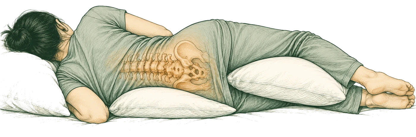 Hand-drawn sketch of a pregnant woman lying on her side with her knees bent, one pillow between her knees and another under her belly