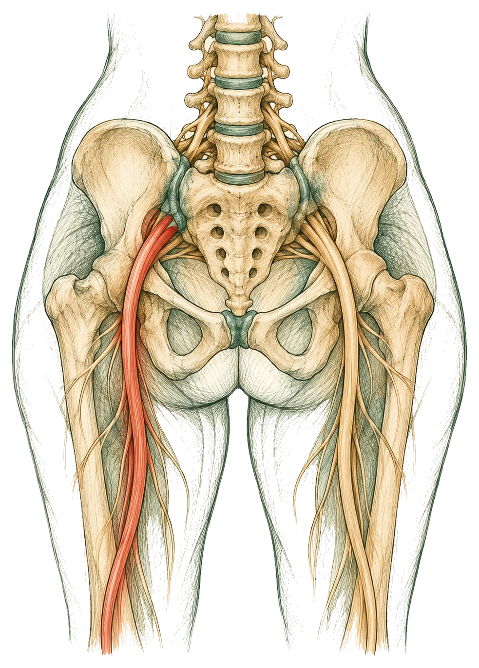 Hand-drawn anatomy sketch of the lower spine and pelvis from behind, with the sciatic nerve running down one leg highlighted and the pelvic joints shaded