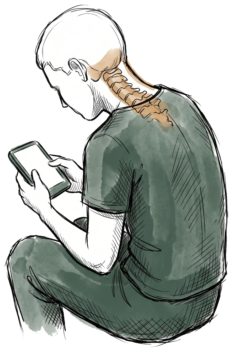 Hand-drawn sketch of a person hunched over a phone with their head pushed forward, with the cervical spine showing through
