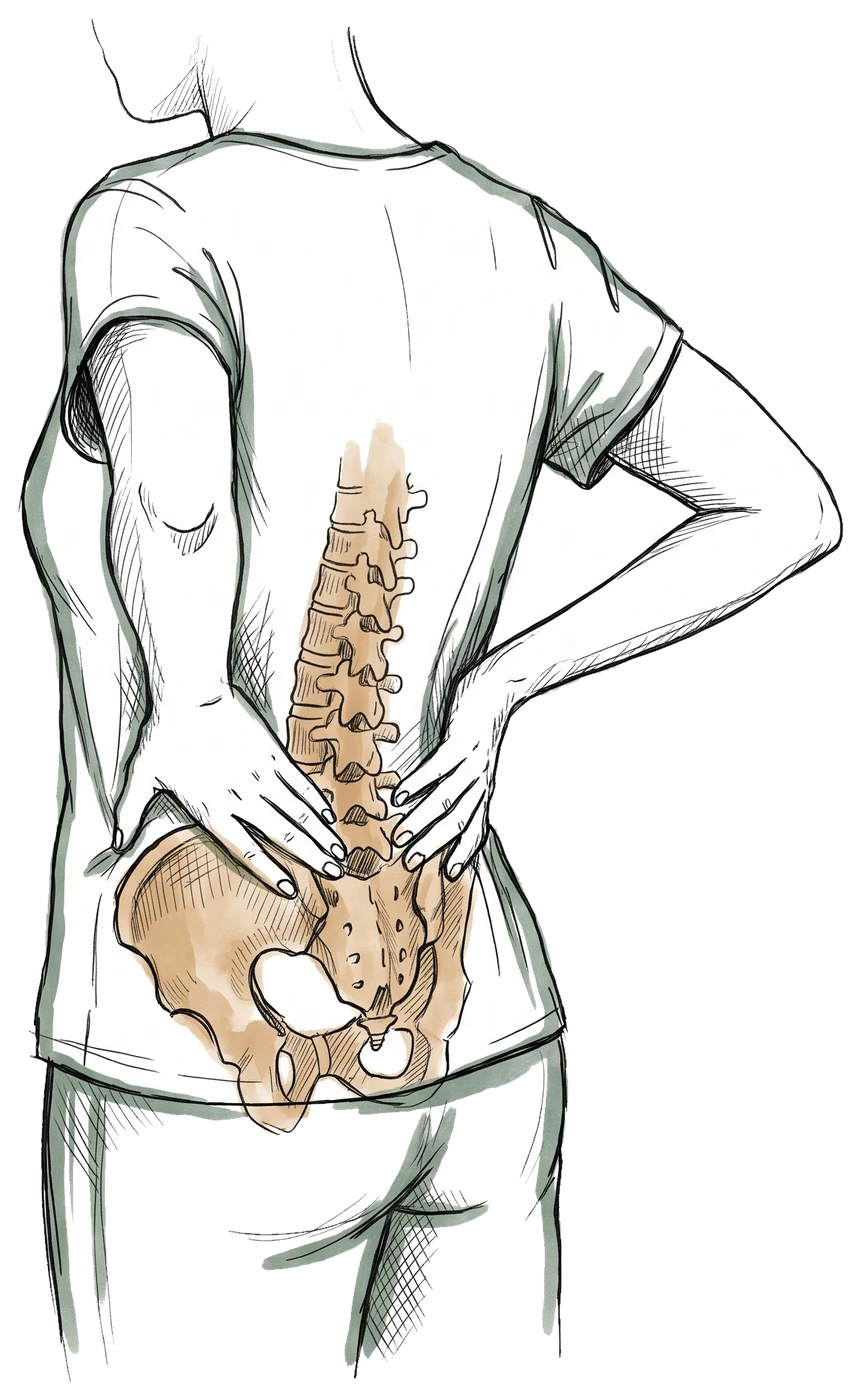 Hand-drawn sketch of a woman pressing both hands into her lower back, with the lumbar spine and pelvis showing through