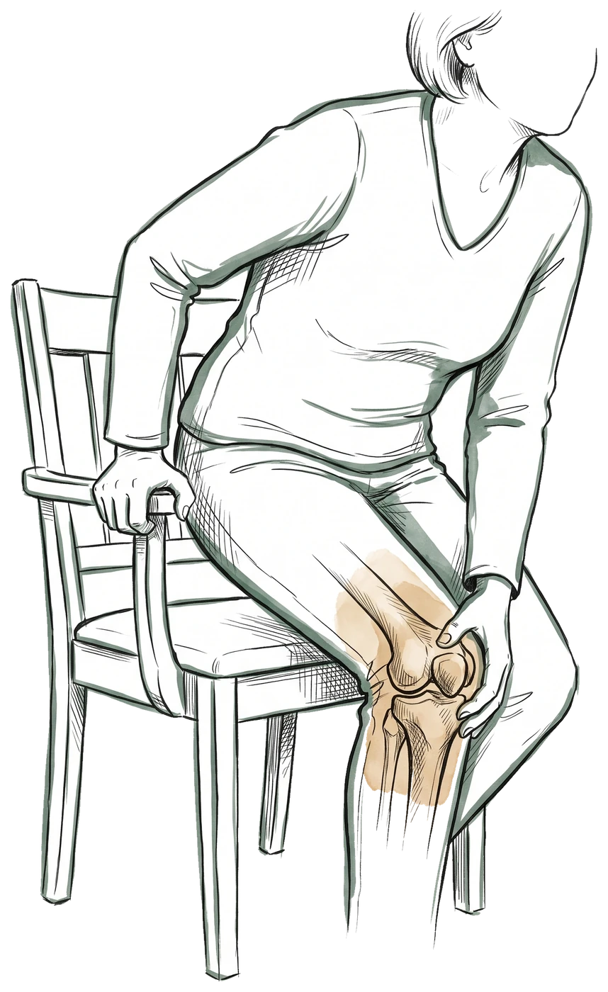 Hand-drawn sketch of a person rising from a chair while holding the front of their knee, with the knee joint showing through