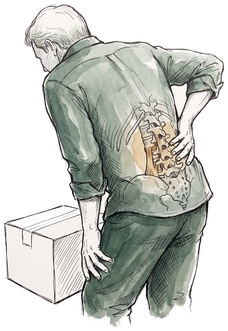 Hand-drawn sketch of a person straightening up after lifting a box, one hand pressed to their lower back, with the lumbar spine and its ligaments showing through