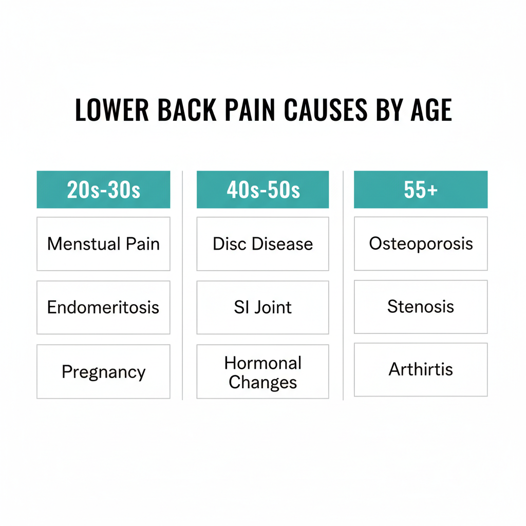 Infographic showing lower back pain causes organized by age group for women