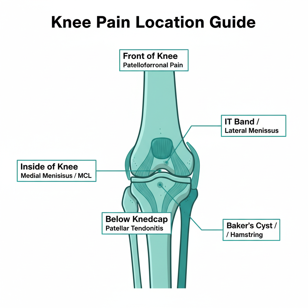 Knee pain location guide showing front, back, inside, and outside pain areas
