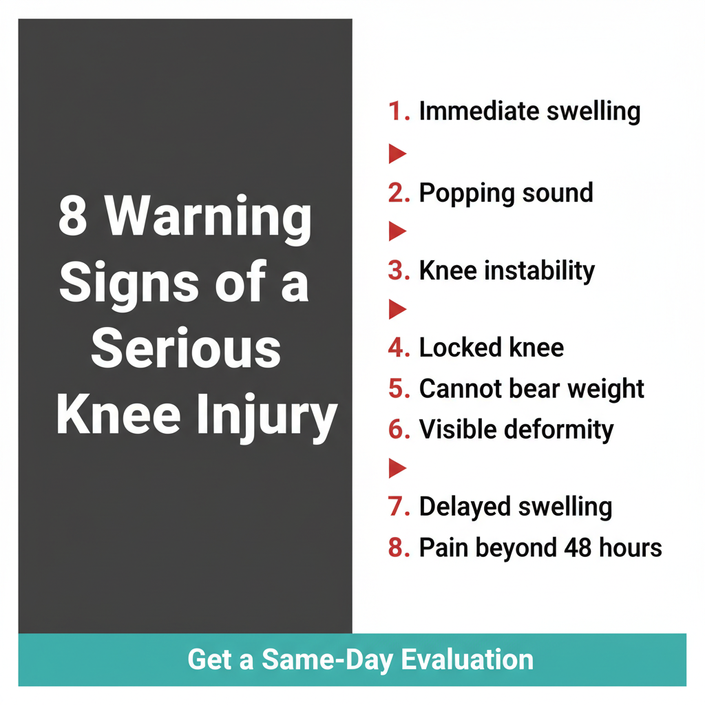 Infographic showing 8 warning signs of a serious knee injury