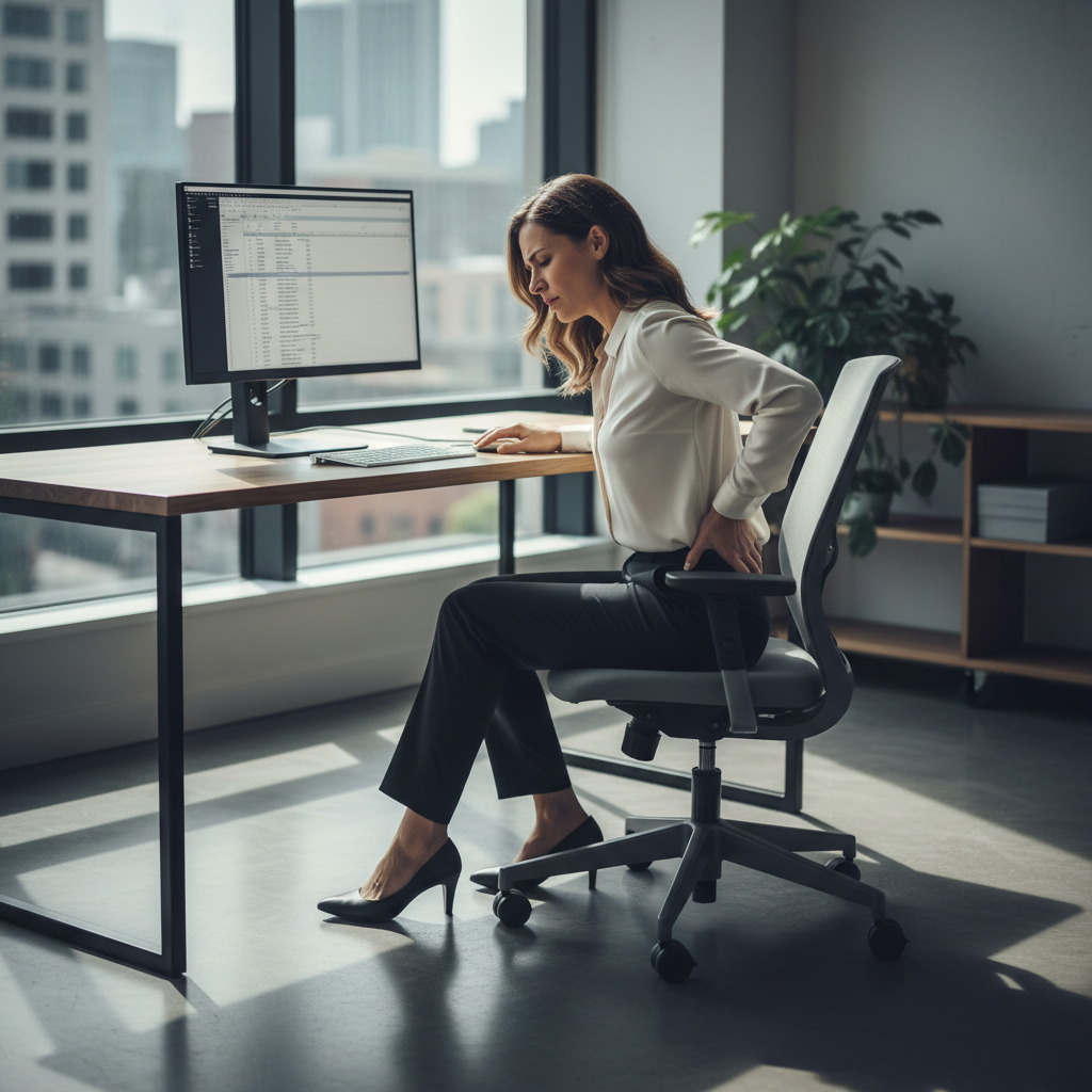Woman experiencing lower back pain at her desk
