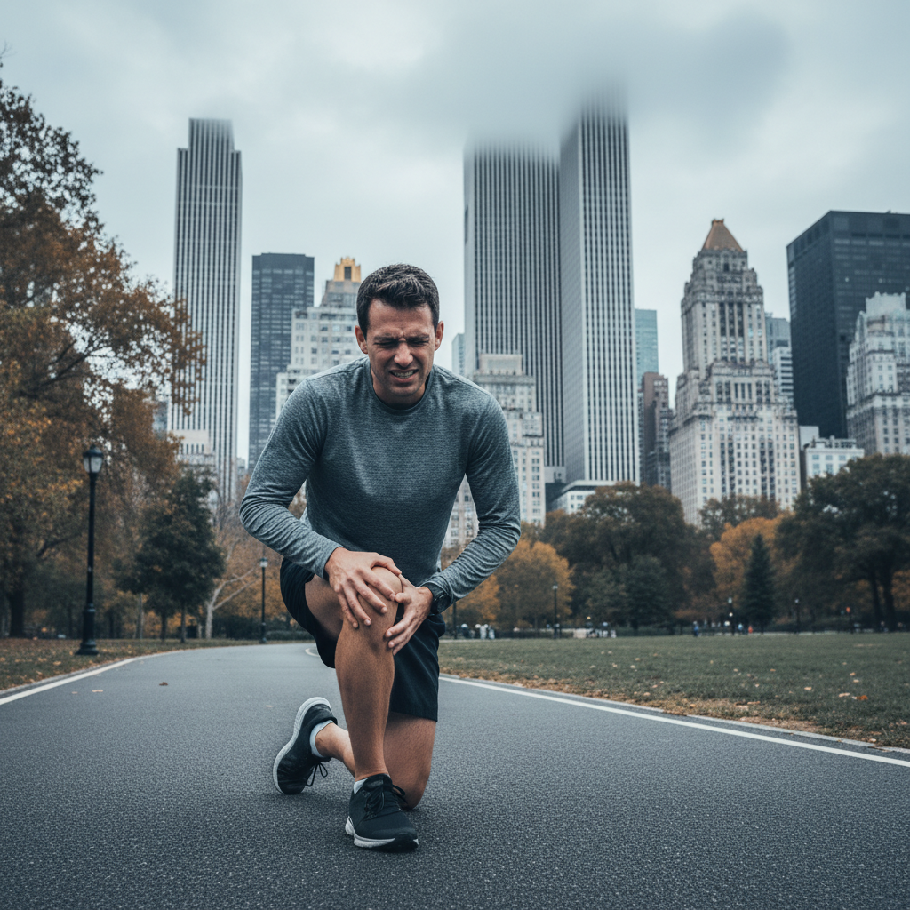 Runner experiencing knee pain while running on city pavement