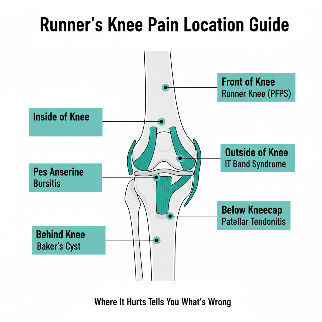 Knee pain location map for runners showing where different injuries cause pain