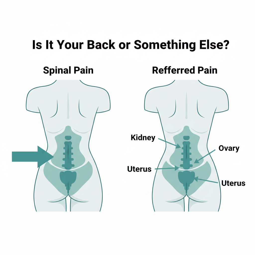 Comparison diagram showing spinal pain vs referred gynecological pain in women
