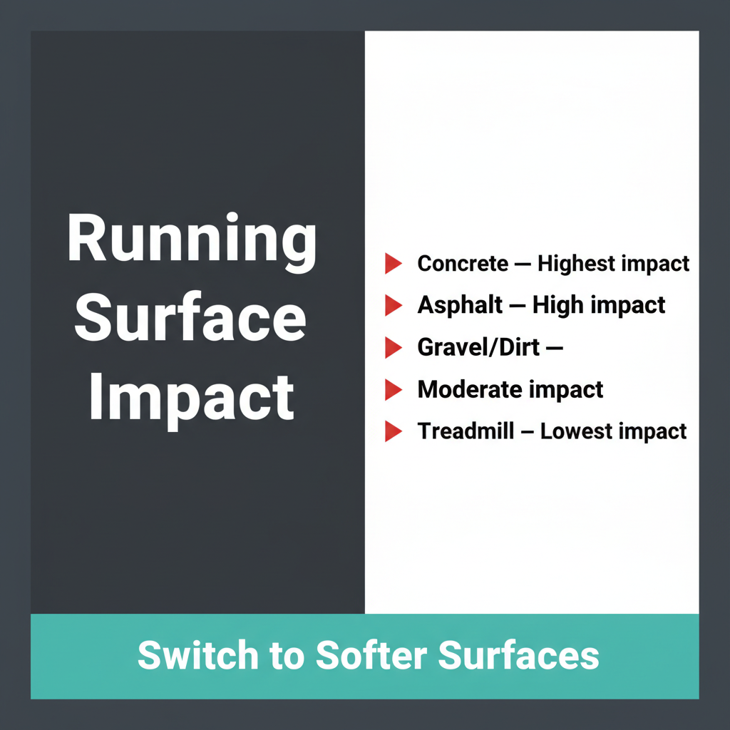 Running surface impact comparison showing concrete, asphalt, gravel, and treadmill