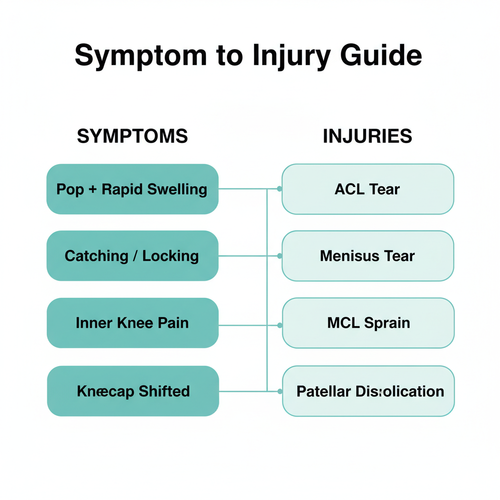 Diagram mapping knee injury symptoms to specific injuries like ACL tear and meniscus tear